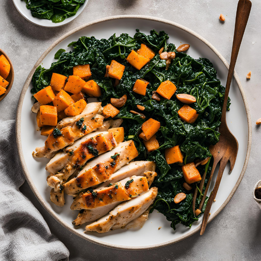 Garlic Chicken & Sautéed Greens with Sweet Potatoes